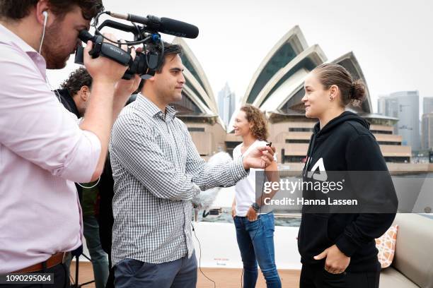 Samantha Stosur and Ashleigh Barty are interviewed during a media opportunity of the 2019 Sydney International on the super yacht 'Corroboree' in...