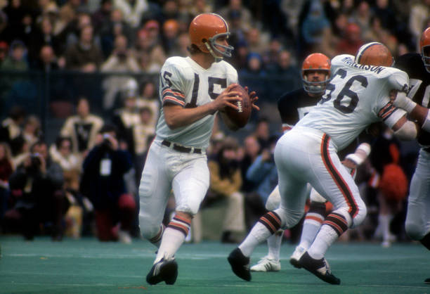 Mike Phipps of the Cleveland Browns drops back to pass against the Cincinnati Bengals during an NFL football game at Riverfront Stadium December 9,...