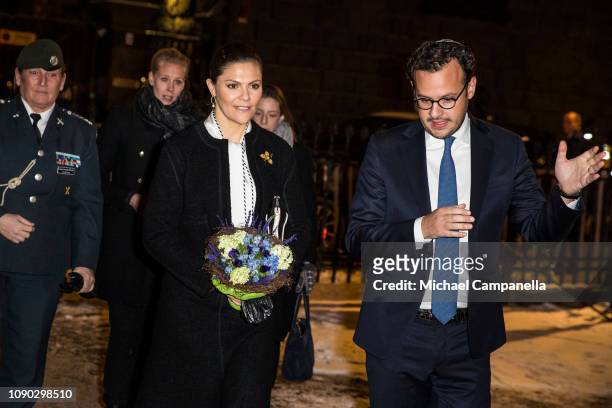 Crown Princess Victoria of Sweden and Aron Verstandig a memorial for victims of the Holocaust at Stockholm's Great Synagogue on January 27, 2019 in...