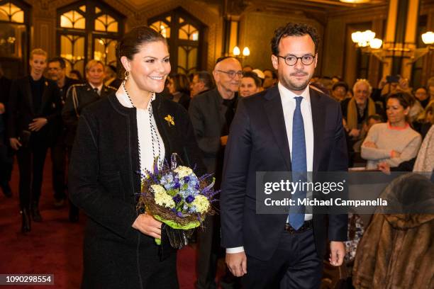 Crown Princess Victoria of Sweden and Aron Verstandig a memorial for victims of the Holocaust at Stockholm's Great Synagogue on January 27, 2019 in...