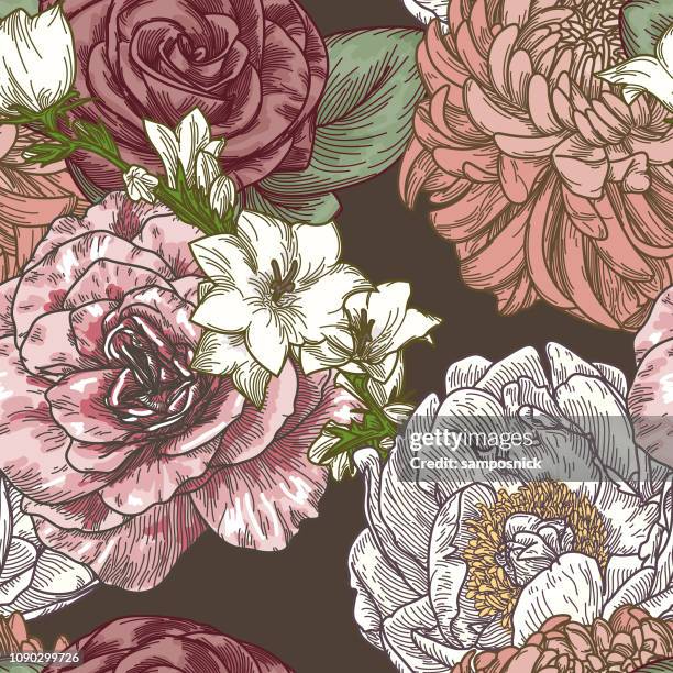 vintage line art seamless floral patterns - clematis stock illustrations