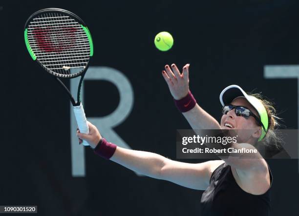 Madison Brengle of the USA serves during her singles match against Laura Siegemund of Germany during day two of the 2019 Hobart International at...