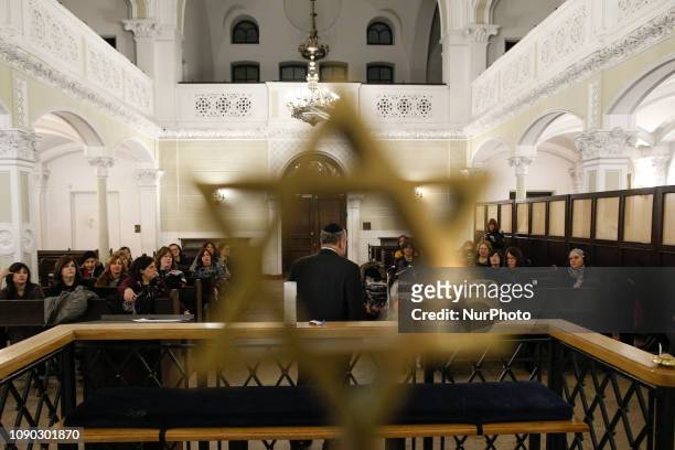 Chief Rabbi of Poland, Michael Shudrich is seen speaking to a congregation of women Rabbis visiting the Nozyk synagogue in Warsaw, Poland on January...