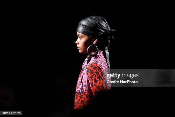 Model walks the runway 'Steps AW 19/20' during the Juan Vidal fashion show at the Madrid Mercedes Benz Fashion Week Autumn/Winter 2019-2020 on...