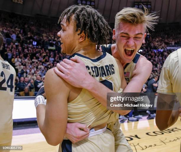 Carsen Edwards and Matt Haarms of the Purdue Boilermakers celebrate after the game against the Michigan State Spartans at Mackey Arena on January 27,...