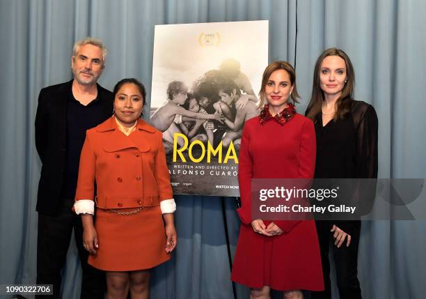 Alfonso Cuarón, Yalitza Aparicio, Angelina Jolie and Marina De Tavira attend the "ROMA" Tastemakers Screening and Reception at San Vicente Bungalows...