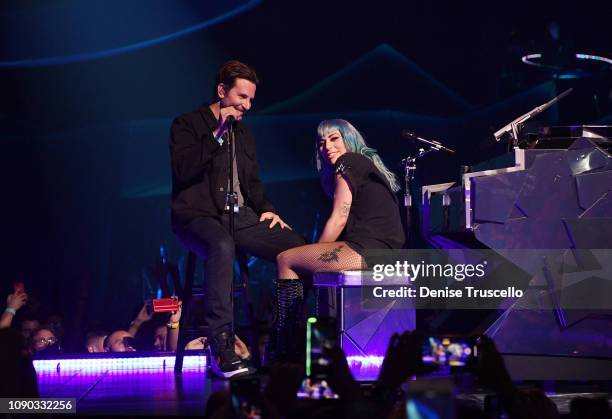 Lady Gaga performs "Shallow" with actor/director Bradley Cooper during her ENIGMA residency at Park Theater at Park MGM on January 26, 2019 in Las...