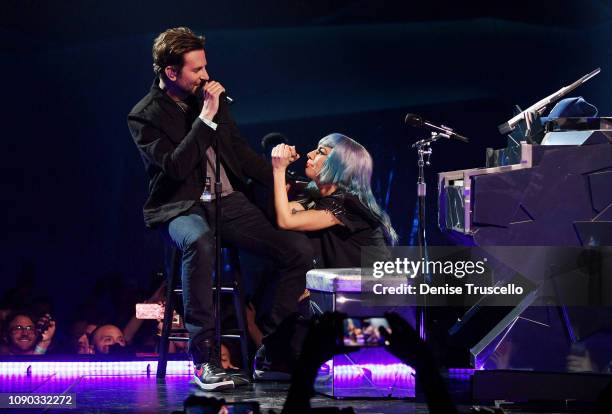 Lady Gaga performs "Shallow" with actor/director Bradley Cooper during her ENIGMA residency at Park Theater at Park MGM on January 26, 2019 in Las...