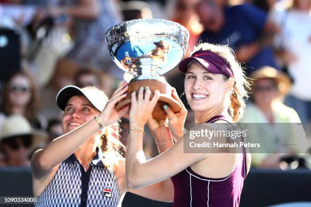 Eugenie Bouchard of Canada celebrates with Sofia Kenin of USA after winning the the Women's doubles final match against Taylor Townsend of USA and...