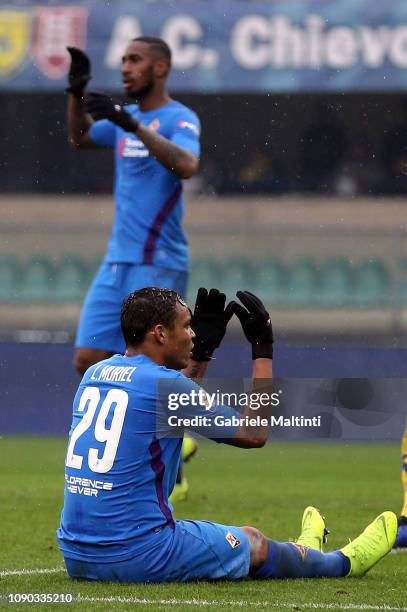 Luis Muriel of ACF Fiorentina reacts during the Serie A match between Chievo Verona and ACF Fiorentina at Stadio Marc'Antonio Bentegodi on January...