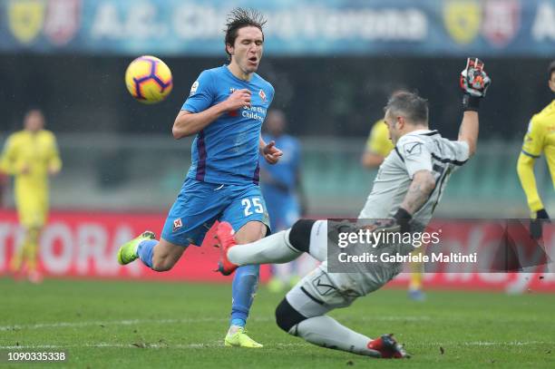 Federico Chiesa of ACF Fiorentina in action during the Serie A match between Chievo Verona and ACF Fiorentina at Stadio Marc'Antonio Bentegodi on...