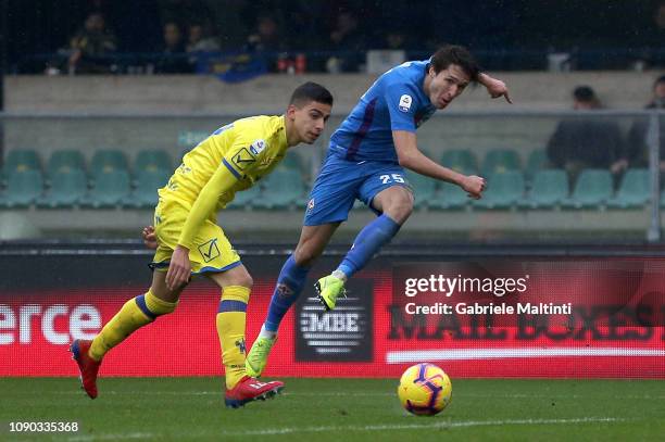 Federico Chiesa of ACF Fiorentina in action during the Serie A match between Chievo Verona and ACF Fiorentina at Stadio Marc'Antonio Bentegodi on...