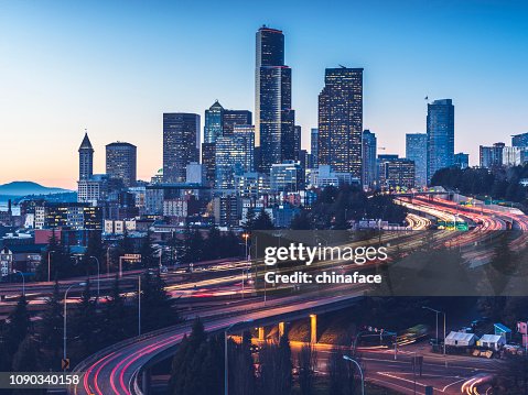 elevated view of Interstate 5 and seattle downtown skyline