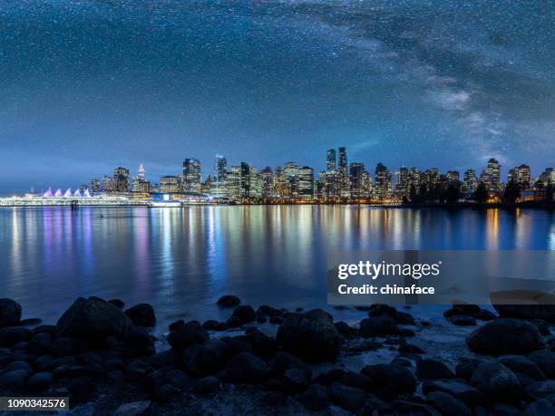 view of city under milky way - vancouver skyline stock pictures, royalty-free photos & images