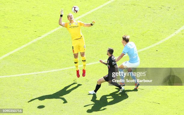 Goalkeeper Eugene Galekovic of City misses the ball and Roy O'Donovan of the Jets scores the first goal during the round 11 A-League match between...