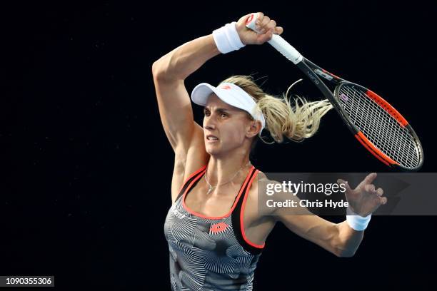 Lesia Tsurenko of Ukraine plays a forehand in the Women’s Finals match against Karolina Pliskova of the Czech Republic during day eight of the 2019...