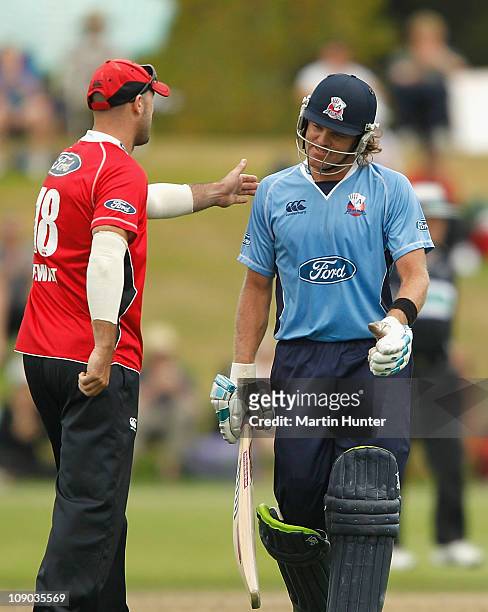 Lou Vincent of the Aces is congratulated by Shanan Stewart of the Wizards after his innings of 153 runs during the one day final match between the...