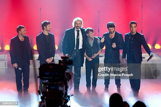Gary Barlow, Jason Orange, presenter Thomas Gottschalk, Mark Owen, Howard Donald and Robbie Williams of Take That attend the 193th 'Wetten, Dass...?'...