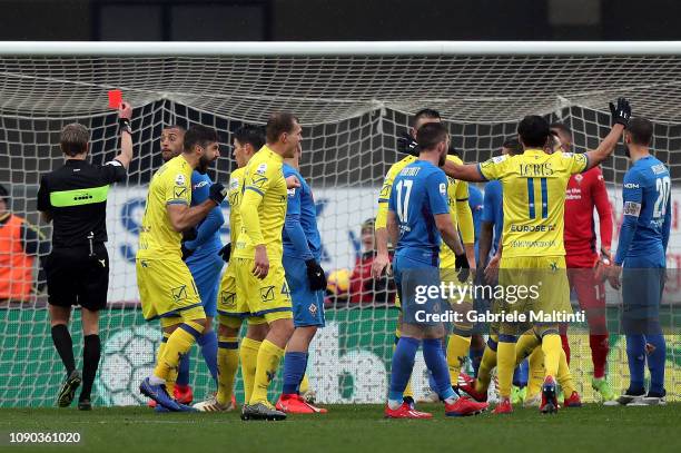 Daniele Chiffi referee shows Marco Benassi of ACF Fiorentina the red card during the Serie A match between Chievo Verona and ACF Fiorentina at Stadio...