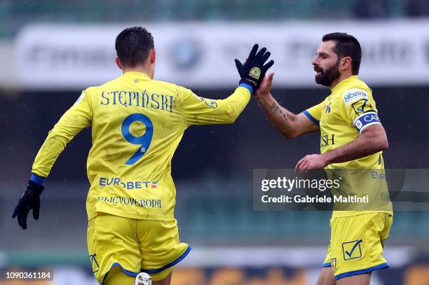 Mariusz Stepinski of AC Chievo Verona and Sergio Pellisser of AC Chievo Verona during the Serie A match between Chievo Verona and ACF Fiorentina at...