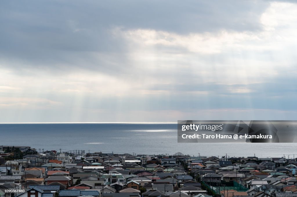 Sunbeam on residential town by the sea and Sagami Bay, Pacific Ocean in Japan