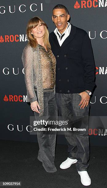 Actress Ellen Pompeo and producer/husband Chris Ivery arrive at the Gucci and RocNation Pre-GRAMMY Brunch at the Soho House on February 12, 2011 in...