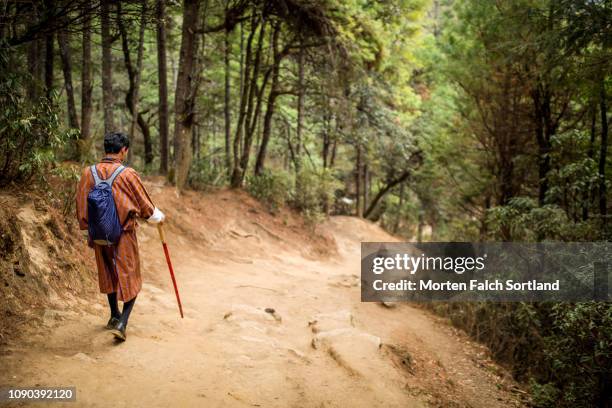 a local guide hikes towards tiger's nest monastery in paro, bhutan springtime - bután fotografías e imágenes de stock