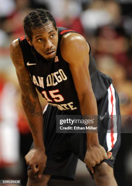 Kawhi Leonard of the San Diego State Aztecs waits for a teammate to shoot a free throw during their game against the UNLV Rebels at the Thomas & Mack...