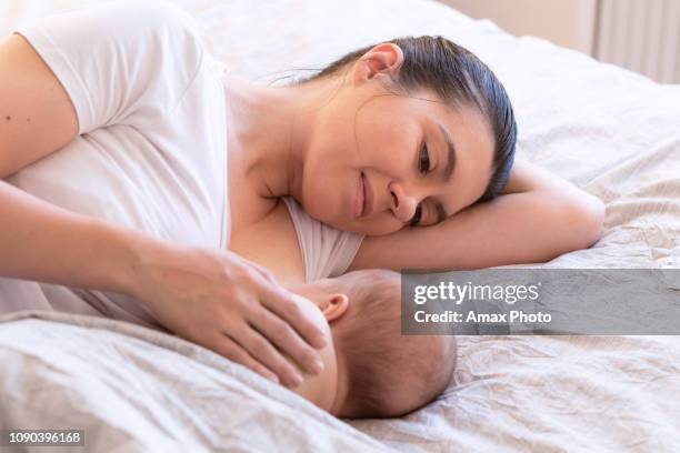 gros plan de mère allaitantes et des caresses bébé nouveau-né. poitrine mère nourrit son bébé nourrisson. concept de nouveau-né de lactation. bébé manger le lait avant de dormir. mère de nourrir son fils du mois avec le lait maternel - poitrine photos et images de collection