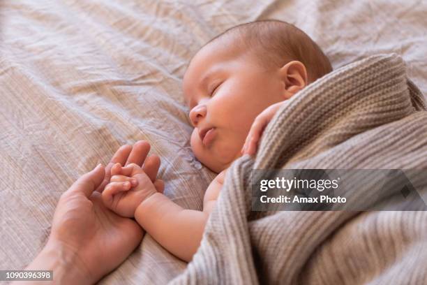 close-up of sleeping baby hand in the mother's hand on the bed. new family and baby sleep concept - kids holding hands stock pictures, royalty-free photos & images