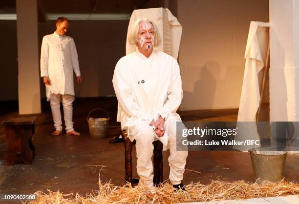 Model poses at the Omar Afridi presentation at the DiscoveryLAB during London Fashion Week Men's January 2019 at the BFC Designer Showrooms on...