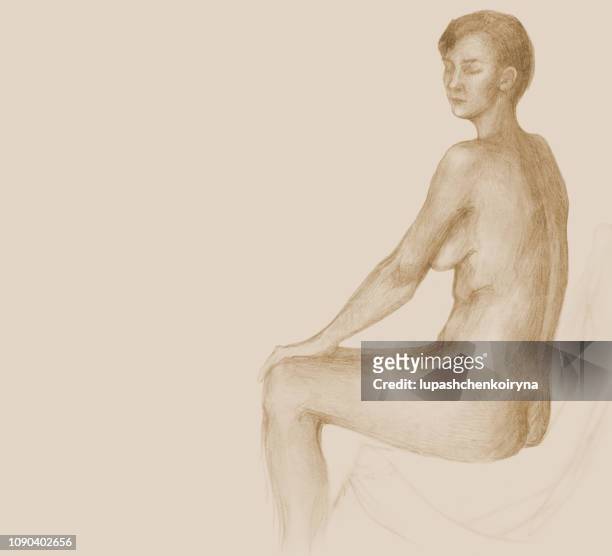 stockillustraties, clipart, cartoons en iconen met modieuze illustratie van de oorspronkelijke tekening potlood sepia portret van een vrouwelijk figuur in de stijl van het impressionisme - charmant