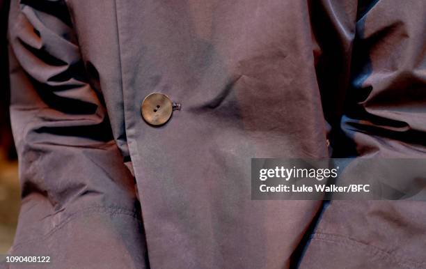 Model, detail, poses at the Omar Afridi presentation at the DiscoveryLAB during London Fashion Week Men's January 2019 at the BFC Designer Showrooms...