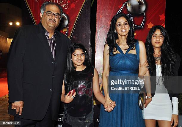 Indian Bollywood director Boney Kapoor and actress Sridevi pose with daughters Jhanvi and Khushi at the Balaji Television 'Global Indian Film and...