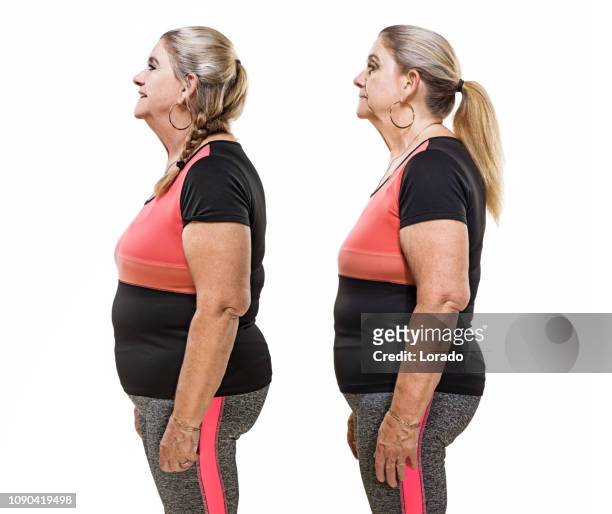 comparison of overweight middle aged woman after dieting - before and after weight loss stock pictures, royalty-free photos & images