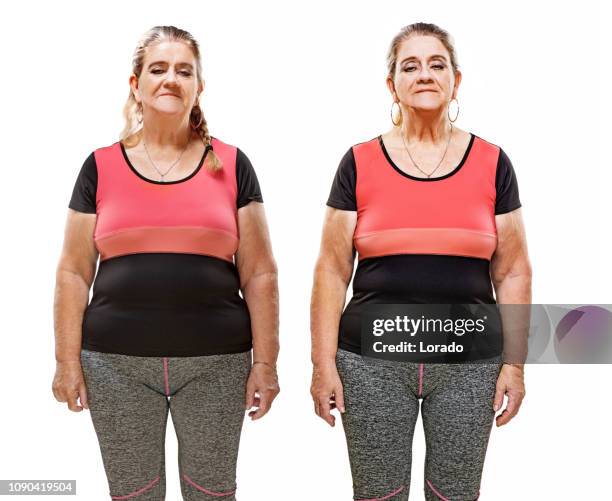 comparison of overweight middle aged woman after dieting - weight loss journey stock pictures, royalty-free photos & images