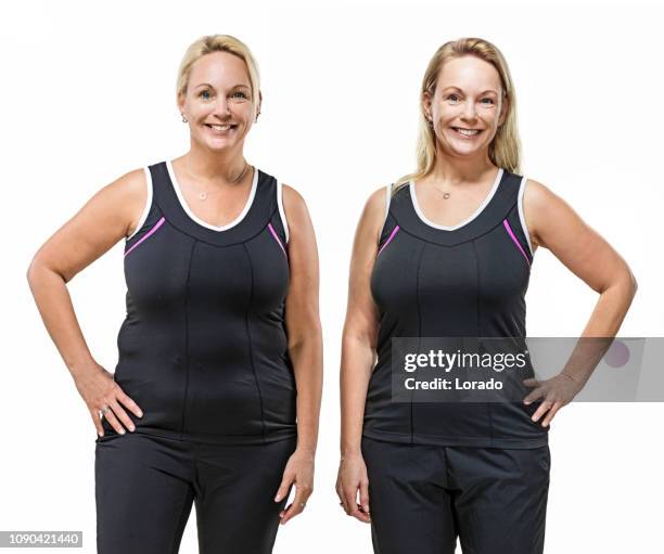 comparison of overweight middle aged woman after dieting - weight loss journey stock pictures, royalty-free photos & images