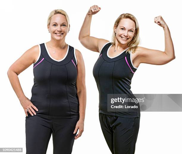 comparación de mujer edad media con sobrepeso después de hacer dieta - thin fotografías e imágenes de stock