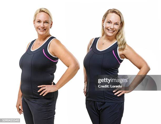 comparison of overweight middle aged woman after dieting - before and after weight loss stock pictures, royalty-free photos & images