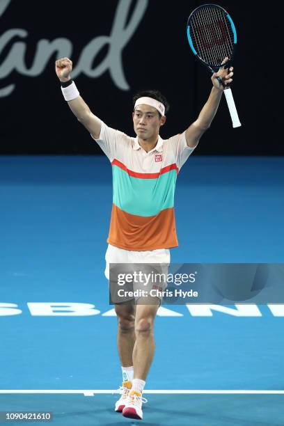 Kei Nishikori of Japan celebrates winning the Men’s Finals match against Daniil Medvedev of Russia during day eight of the 2019 Brisbane...