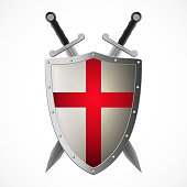 Vector crusaders shield and crossed swords on plain background
