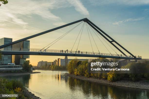 düsseldorf harbor bridge, germany - düsseldorf skyline stock-fotos und bilder