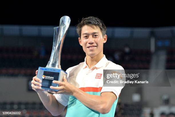 Kei Nishikori of Japan celebrates after winning the match in the Men’s Finals match against Daniil Medvedev of Russia during day eight of the 2019...