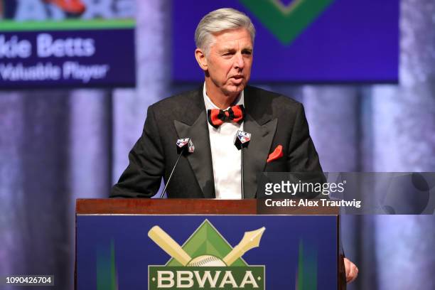 Boston Red Sox President of Baseball Operations David Dombrowski introduces American League MVP Mookie Betts of the Boston Red Sox during the 2019...