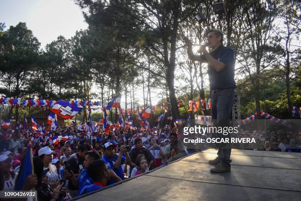 Salvadoran presidential candidate Carlos Calleja of the National Republican Alliance speaks during the closing rally of his campaign in San Salvador,...
