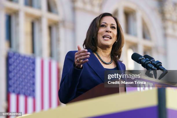 Senator Kamala Harris speaks to her supporters during her presidential campaign launch rally in Frank H. Ogawa Plaza on January 27 in Oakland,...