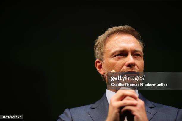 Christian Lindner, head of the German Free Democratic Party talks during the traditional Epiphany meeting of the German Free Democratic Party at the...