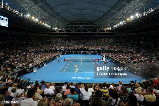 Kei Nishikori of Japan serves in the Men’s Finals match against Daniil Medvedev of Russia during day eight of the 2019 Brisbane International at Pat...