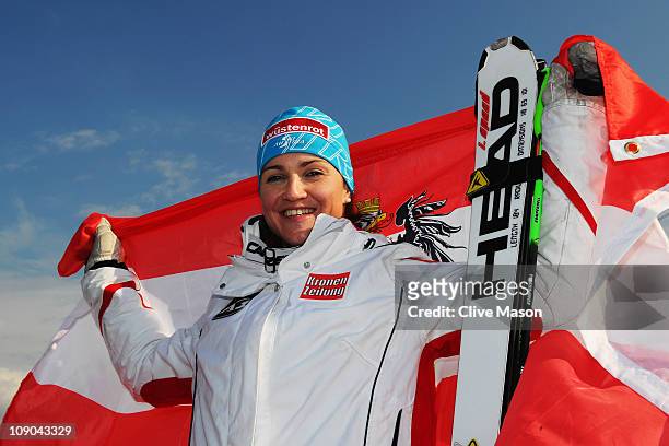Elisabeth Goergl of Austria celebrates winning the Women's Downhill during the Alpine FIS Ski World Championships on the Kandahar course on February...
