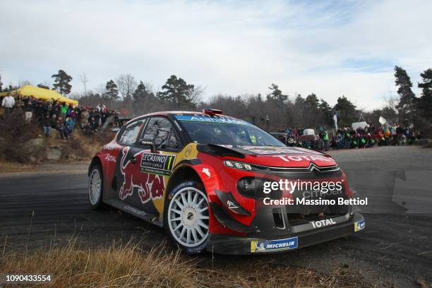 Sebastien Ogier of France and Julien Ingrassia of France compete in their Citroen Total WRT Citroen C3 WRC during Day Three of the WRC Monte-Carlo on...